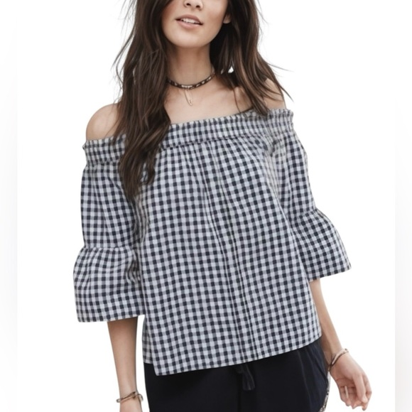 Abercrombie & Fitch Black Gingham Cotton Off the Shoulder Flowy Ruffle Top Sz S - Picture 1 of 5